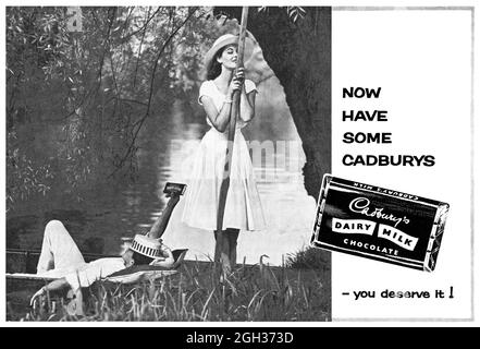 1959 British advertisement for Cadbury's Dairy Milk chocolate bar. Stock Photo