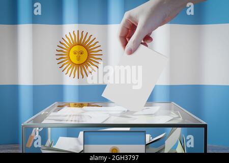 Argentina flag, hand dropping ballot card into a box - voting, election concept - 3D illustration Stock Photo