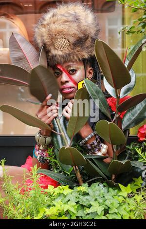 London, UK. 04 September 2021. The model attends a flash mob fashion show in Knightsbridge for designer Pierre Garroudi. Credit: Waldemar Sikora Stock Photo