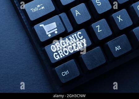 Conceptual caption Organic Grocery, Word for market with foods grown without the use of fertilizers Sending New Messages Online, Creating Visual Novel Stock Photo