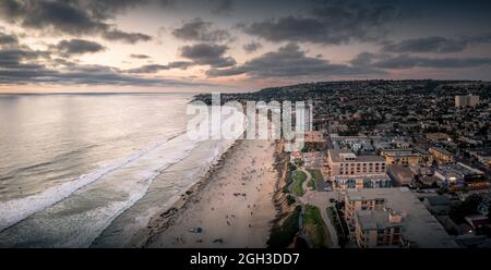 Pacific Beach in San Diego with beachfront homes and motels.  Stock Photo