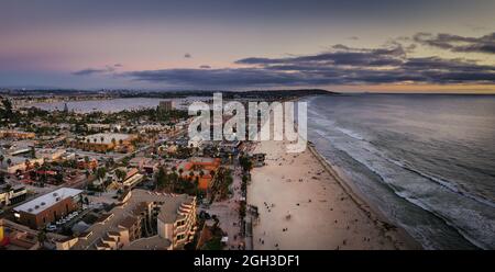 Pacific Beach and Mission Beach in San Diego with beachfront homes and motels.  Stock Photo