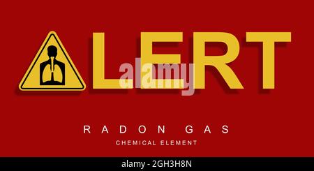 RADON, a contaminant that affects indoor AIR QUALITY worldwide. Silhouette with lungs on strong red fund. Watchful signal. Severe alert message. Stock Photo