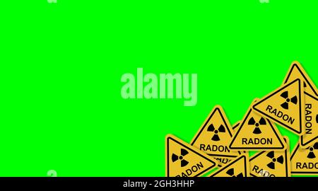 RADON gas, a CONTAMINANT that affects indoor air quality. Severe alert message. Yellow triangular signs in one corner of dangerous natural pollutant. Stock Photo