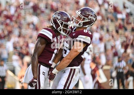 Starkville, MS, USA. 04th Sep, 2021. Mississippi State Bulldogs wide receiver Jaden Walley (11) and Mississippi State Bulldogs wide receiver Austin Williams (85), celebrate after Walley (11) scores during the NCAA football game between the Louisiana Tech Bulldogs and the Mississippi State Bulldogs at Davis Wade Stadium in Starkville, MS. Credit: Kevin Langley/CSM/Alamy Live News Stock Photo