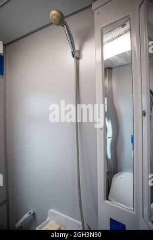 Classic toilet interior on the train. Toilet in the passenger train Stock Photo