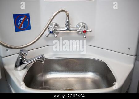 Classic toilet interior on the train. Toilet in the passenger train Stock Photo