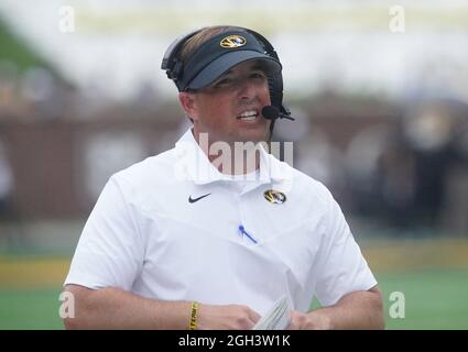 Columbia, United States. 04th Sep, 2021. Missouri head coach Eli Drinkwitz waits for the kickoff during a game against Central Michigan at Faurot Field in Columbia, Missouri on Saturday, September 4, 2021. Photo by Bill Greenblatt/UPI Credit: UPI/Alamy Live News Stock Photo