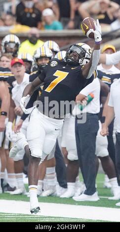 Columbia, United States. 04th Sep, 2021. Missouri's Dominic Lovett tries to catch a pass to him in the first quarter against Central Michigan at Faurot Field in Columbia, Missouri on Saturday, September 4, 2021. Photo by Bill Greenblatt/UPI Credit: UPI/Alamy Live News Stock Photo