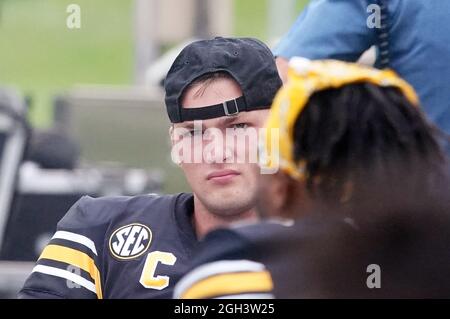 Columbia, United States. 04th Sep, 2021. Missouri quarterback Conner Bazelak watches the video scoreboard in the first quarter against Central Michigan at Faurot Field in Columbia, Missouri on Saturday, September 4, 2021. Photo by Bill Greenblatt/UPI Credit: UPI/Alamy Live News Stock Photo