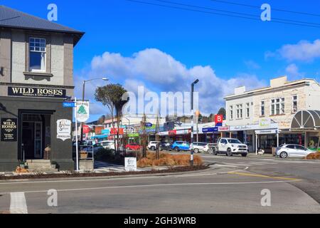 Taihape, a small town in the North Island of New Zealand. The main shopping area of the town, on State Highway 1 Stock Photo