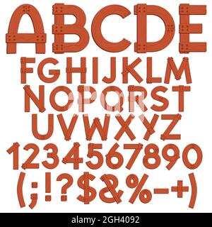 Alphabet, letters, numbers and signs from wooden boards. Isolated vector objects on white background. Stock Vector