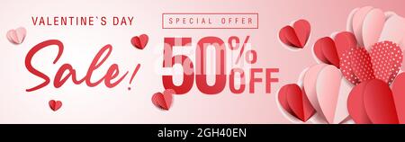 Valentine's Day offer sale. Banner web, advertising, commercial editable vector design. February 14 Special discount 50% off. Shop now. Stock Vector