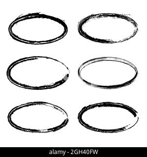 Set of black grungy oval stamps. Vector frames. Isolate white distress textures. Dirty design elements for borders, emblems, badges, labels Stock Vector