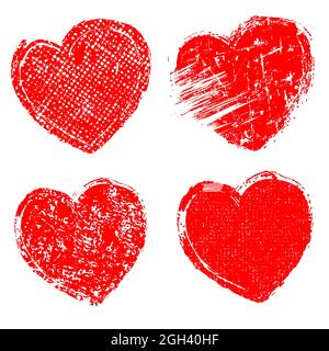 Set of red grunge scratch hearts. Vector illustration. Distressed symbols. Textured signs. Design element for Valentines day, posters, banners Stock Vector
