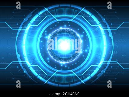 3D globe and neon light. Futuristic Sci-Fi glowing HUD circle element. Abstract hi-tech background. Hologram particle of head-up display interface. Vi Stock Vector