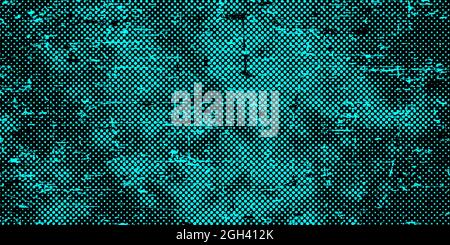Turquoise halftone dotted cracked grungy background. Distress texture of cyan spots, stains, ink, dots, scratches. Dirty artistic design element Stock Vector