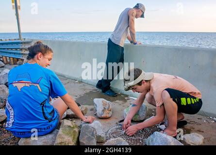 A teenager works on a double-ring crab net as he and his friends fish from a damaged bridge after Hurricane Nate, Oct. 11, 2017, in Coden, Alabama. Stock Photo