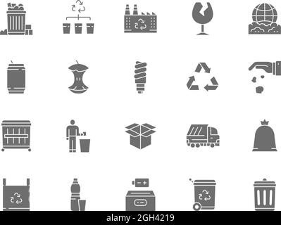 Set of Garbage Gray Icons. Dumpster, Beer Can, Broken Glass, Apple Core and more Stock Vector