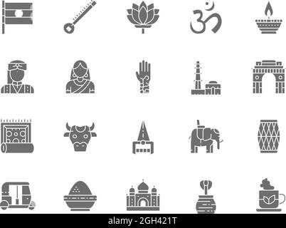 Set of Indian Culture Grey Icons. Elephant, Tuk Tuk Car, Cobra, Sitar, Mantra, Oil Lamp, Animal and more. Stock Vector