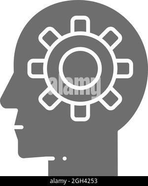 Head with gear, brain process, knowledge, think, idea grey icon. Stock Vector
