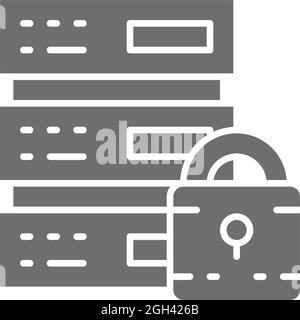 Safe server, protected data center, web hosting, cloud computing grey icon. Stock Vector