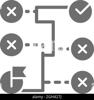 Correct solution, labyrinth, algorithm, coding block schemes grey icon. Stock Vector