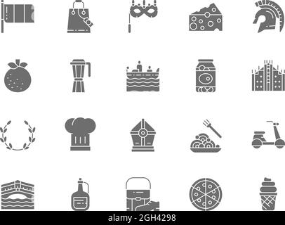 Set of Italian Culture Grey Icons. Mandarin, Gondola, Traditional Venetian Mask, Canned Olives, Olive Branch, Pasta, Pizza and more. Stock Vector
