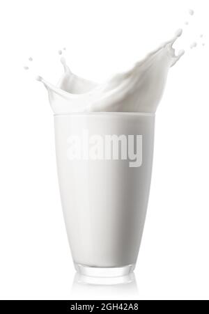 glass of milk with splash isolated on white Stock Photo