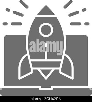 Rocket launch from laptop, startup grey icon. Stock Vector