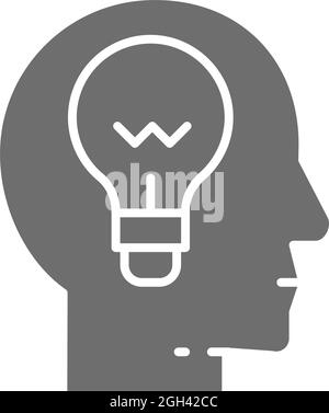 Head with lamp, idea generation, think, thought grey icon. Stock Vector