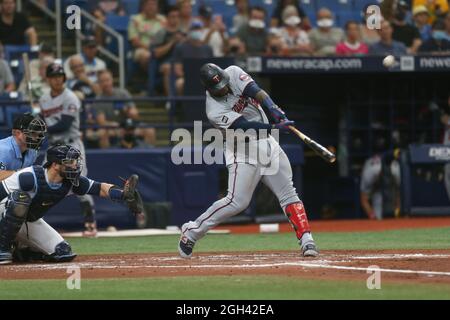 St. Petersburg, FL. USA;  Minnesota Twins first baseman Miguel Sano (22) homers in the top of the fourth inning during a major league baseball game ag Stock Photo