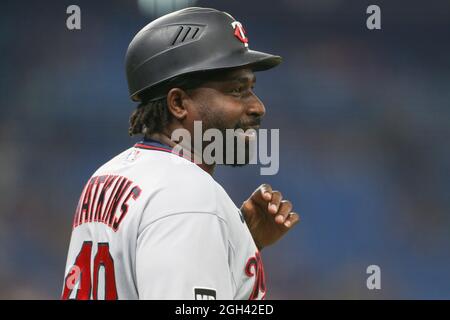 St. Petersburg, FL. USA;  Minnesota Twins first base coach Tommy Watkins (40) was all smiles after first baseman Miguel Sano (22) homered in the top o Stock Photo