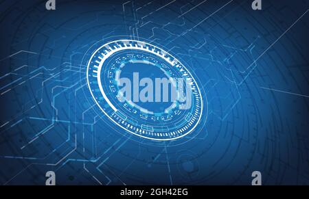 Futuristic Sci-Fi glowing HUD element, data engineer and circuit board. Abstract hi-tech particle background. Perspective hologram and head-up display Stock Vector