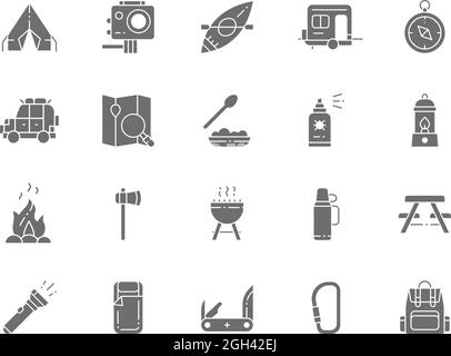 Set of Camping Grey Icons. BBQ, Canoe, Trailer, Gas Lamp, Campfire, Axe, Insect Spray, Flashlight, Hiking Food and more. Stock Vector
