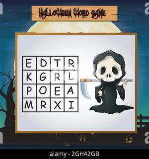 Game halloween find the word of grim reaper Stock Vector