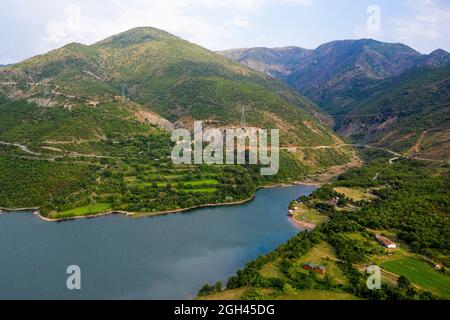 Aerial view of a Vau Dejes reservoir on Drin river, with a hydroelectric dam on it, Albania Stock Photo