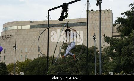 BARCELONA, SPAIN - Sep 24, 2010: A female circus performer outdoors in Barcelona, Spain during the local La Merce holiday Stock Photo