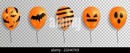 Set of realistic orange balloons with different design isolated on transparent. Design elements can use for card, flyer, poster, banner, web, advertis Stock Vector
