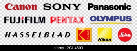 Vinnytsia, Ukraine - August 19, 2021. Set of Top Camera Brands Logos. Canon, Nikon, Sony, Fujifilm, Olympus, Panasonic, Pentax, Leica, Hasselblad, Kod Stock Vector