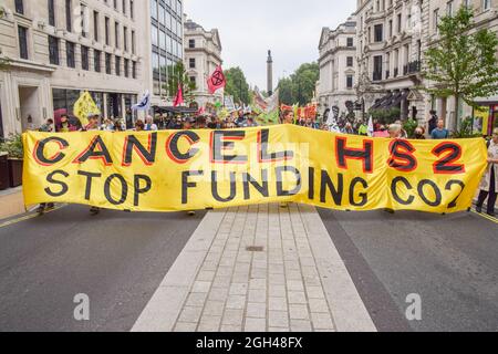 London, UK. 04th Sep, 2021. Protesters hold a banner demanding the government cancel the High Speed 2 railway system (HS2) during the demonstration in Regent Street.Extinction Rebellion protesters staged the March For Nature on the final day of their two-week Impossible Rebellion campaign, calling on the UK Government to act meaningfully on the climate and ecological crisis. Credit: SOPA Images Limited/Alamy Live News Stock Photo