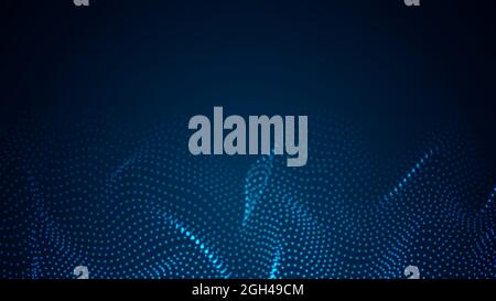 Array of particles flowing over dark background. Mesh shining round dots.Abstract wave background Stock Vector
