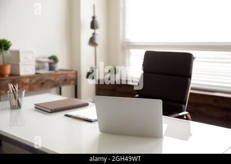 Businessperson empty office workplace with no people Stock Photo