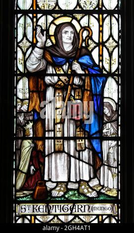Stained Glass Window Depicting St Kentigern a.k.a. St Mungo in St Asaph Cathedral, Wales Stock Photo