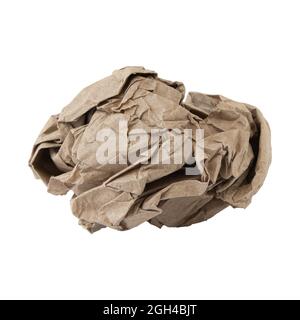 crumpled brown paper ball on white background, wrinkled kraft paper Stock Photo