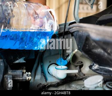 Auto mechanic pours windshield washer fluid into the car Stock Photo