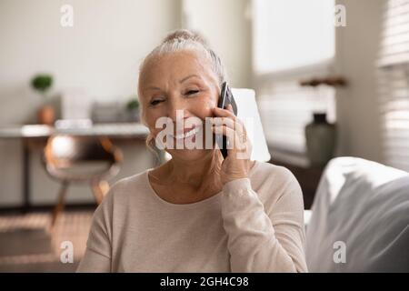 Happy elderly lady talking on cellphone, making call from home Stock Photo