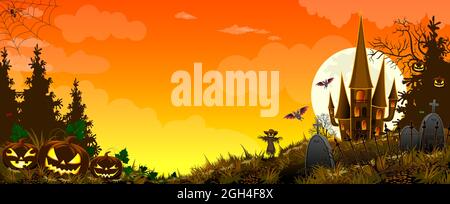 Pumpkins and a scarecrow against the background of a forest, a castle, and a sky with clouds. Grass. Cemetery with monuments. Bats in the sky. Sunset. Stock Vector