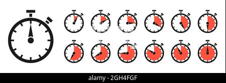 Timer, clock, stopwatch isolated set icons with different time. Countdown timer symbol icon set. Sport clock with red colored time meaning. Stopwatch Stock Vector