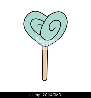 Heart shaped lollipop in doodle style. Blue bonbon for valentine's day. Vector illustration isolated on white background Stock Vector